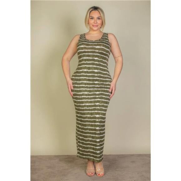 Olive- Plus Size Tie Dye Printed Tank Bodycon Maxi Dress For Women - Picture 1 of 5
